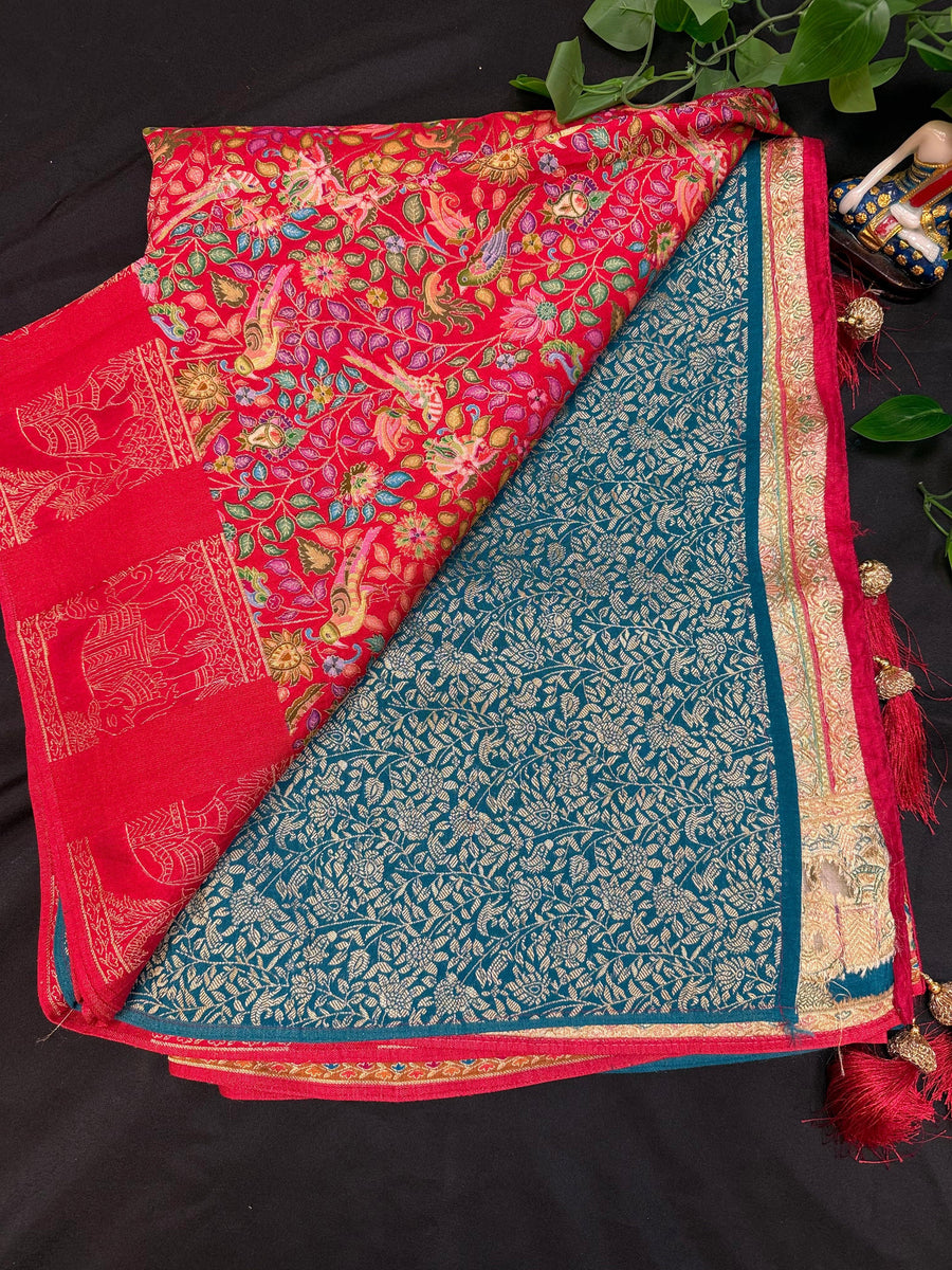 Premium Kashmiri Silk Red Saree with All Over Design
