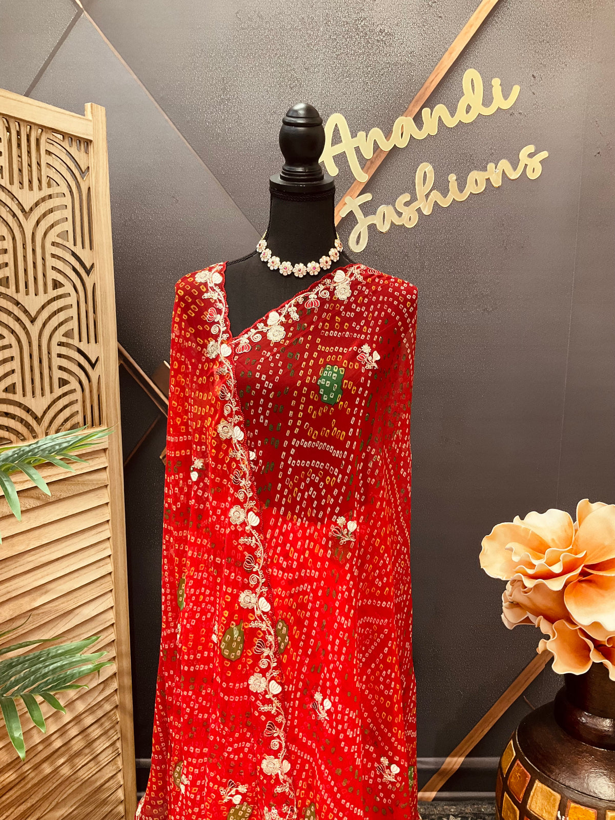 Red Bandhini Georgette saree