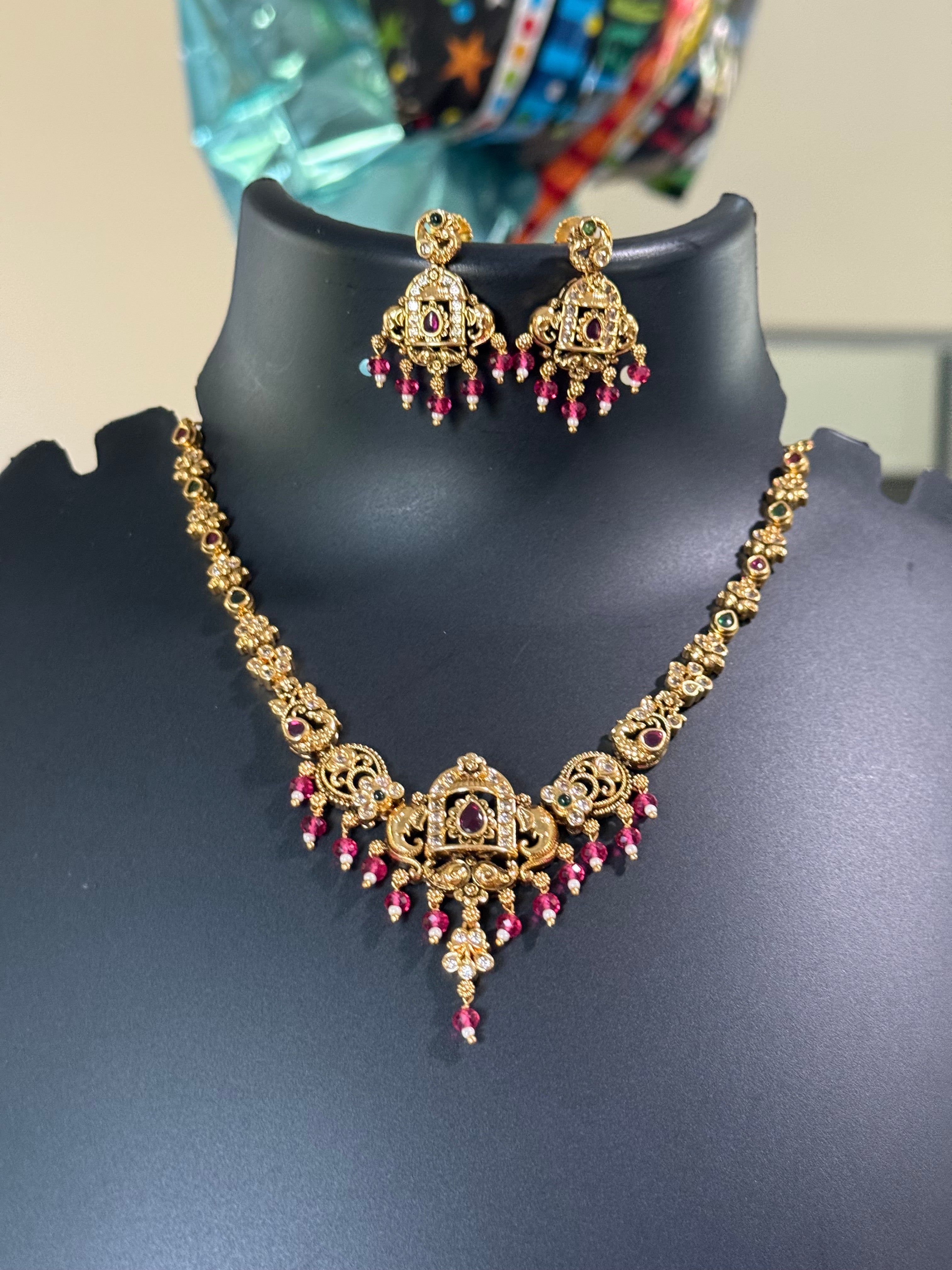 Antique Finish Multicolor Stones Necklace set with Pink Beads