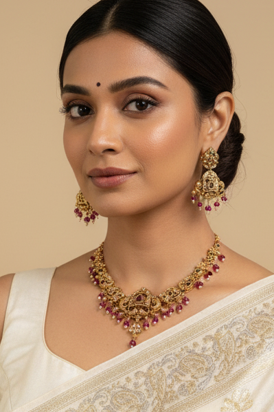 Antique Finish Multicolor Stones Necklace set with Pink Beads