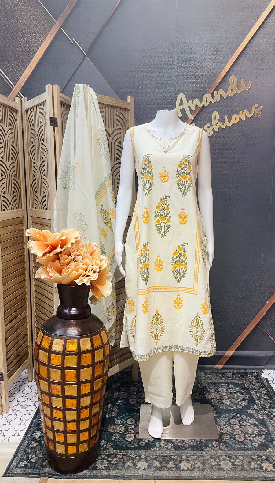 Cream color Pure Cotton Sleeves less Kurti set