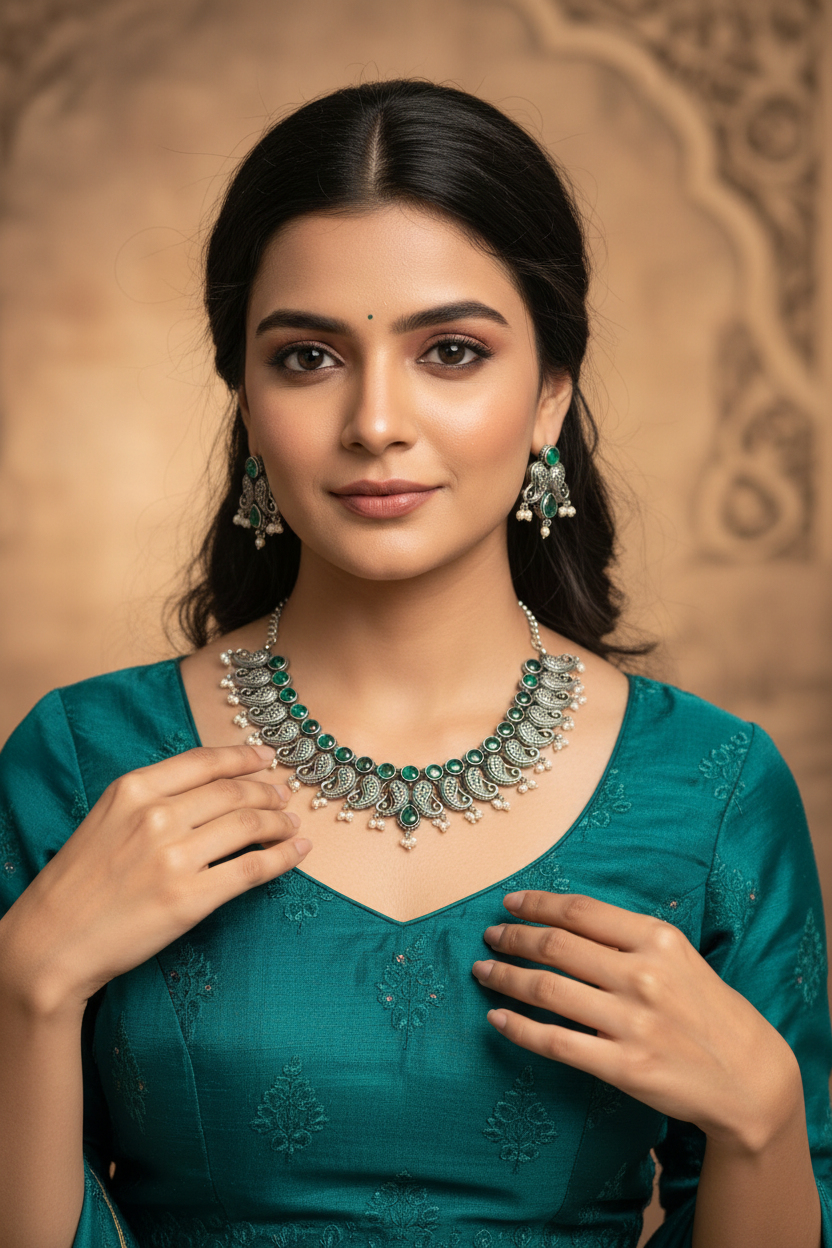 Woman in teal ethnic dress wearing traditional green and silver necklace and matching earrings at Anandi Fashions