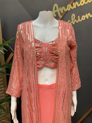 Indo Western Georgette Skirt Set with Embroidered Jacket - Thin Strap Blouse