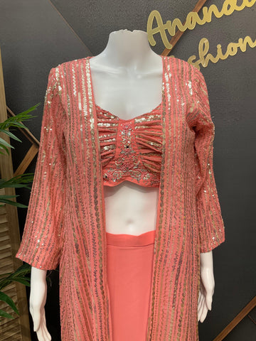 Indo Western Georgette Skirt Set with Embroidered Jacket - Thin Strap Blouse