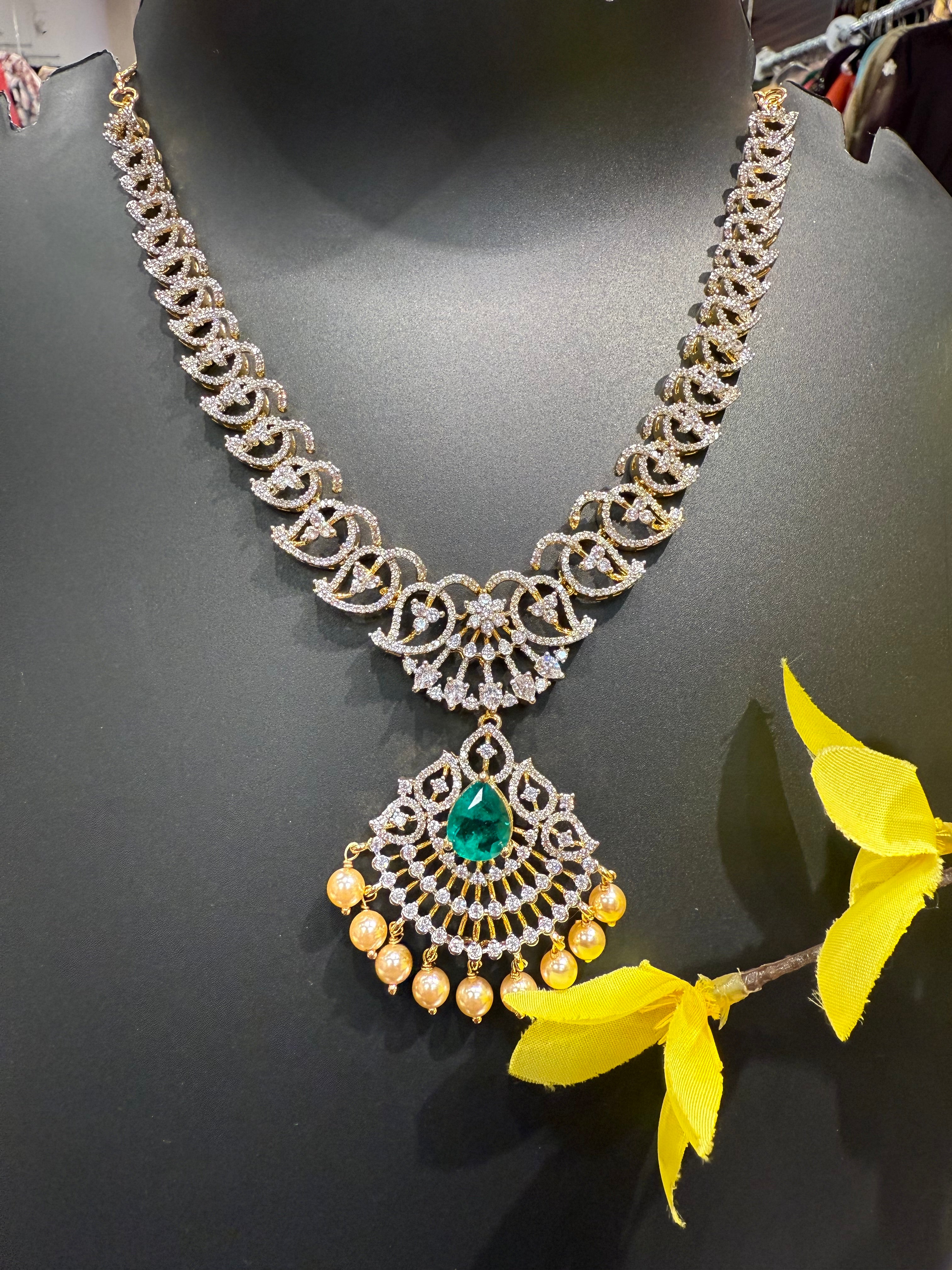 CZ Party Wear Necklace set with Emerald Stone