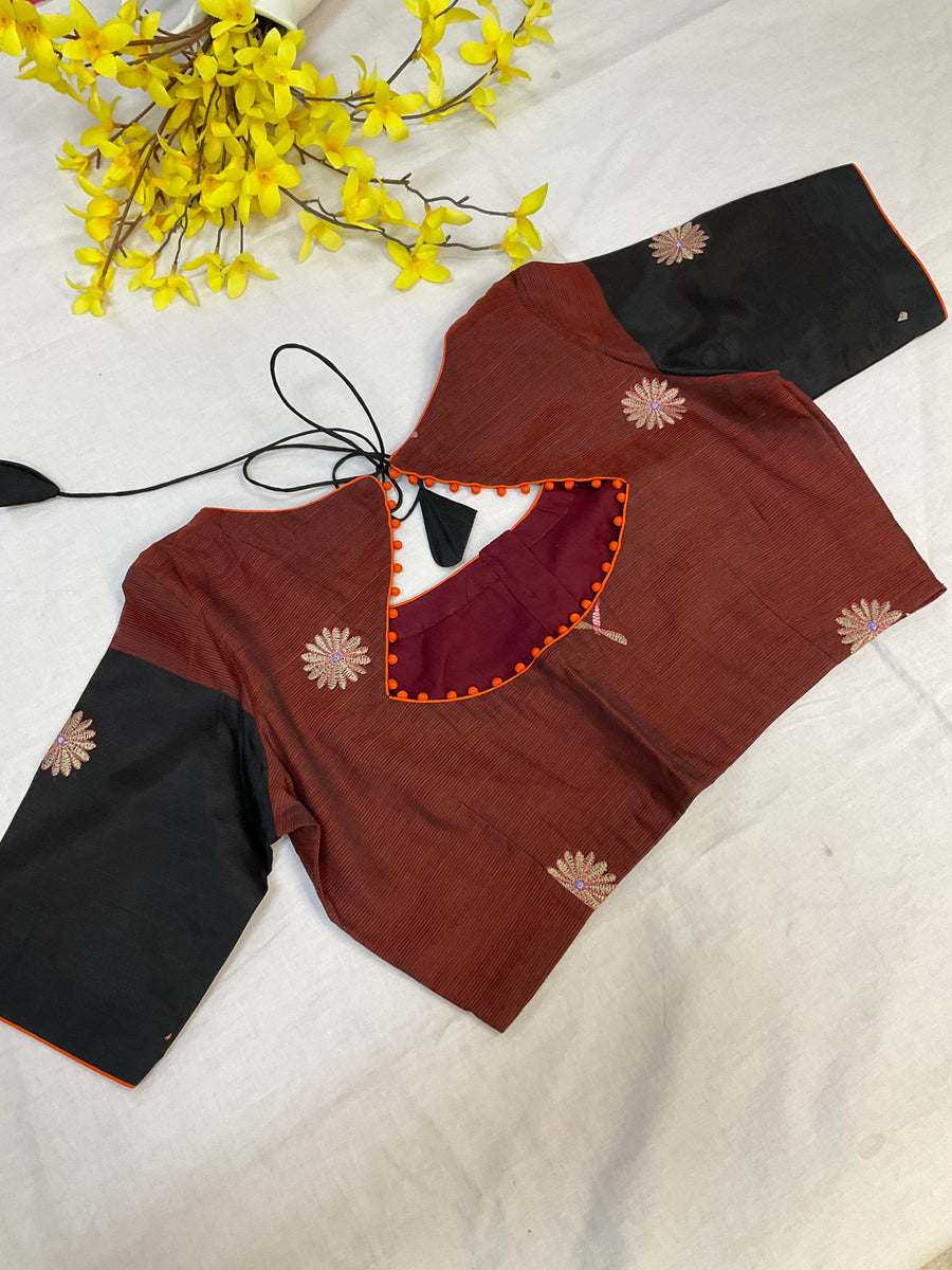 Mangalagiri Silk Orange Saree with stitched Blouse