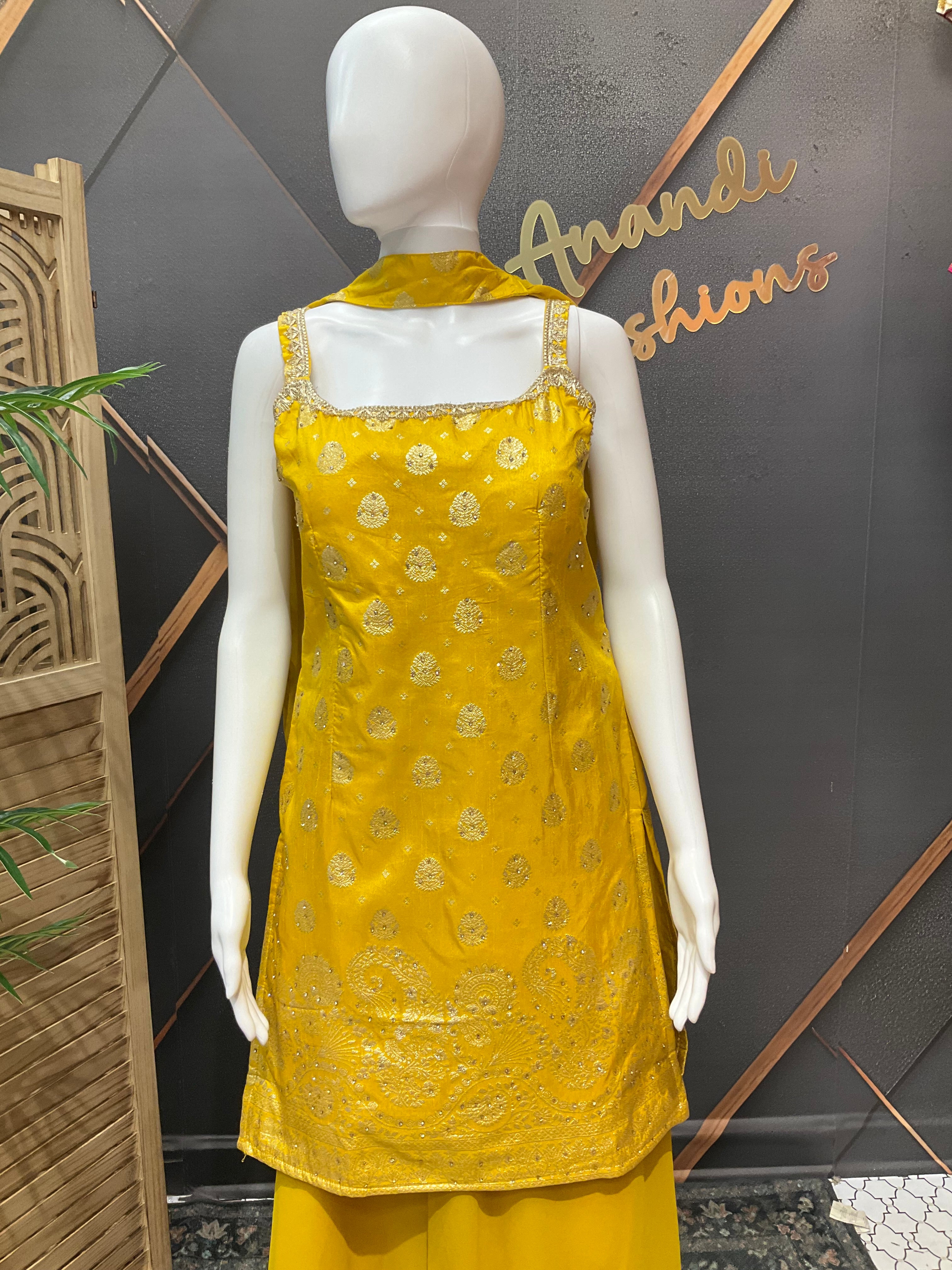 Yellow Benarasi Silk Sleeveless Palazzo Set