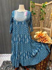Plus Size Anarkali Blue Kurti - Long Length with Print