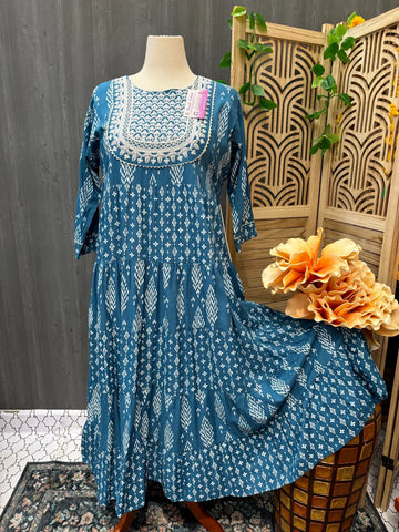 Plus Size Anarkali Blue Kurti - Long Length with Print