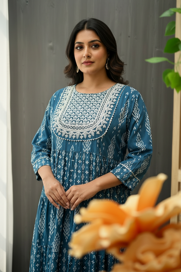 Plus Size Anarkali Blue Kurti - Long Length with Print