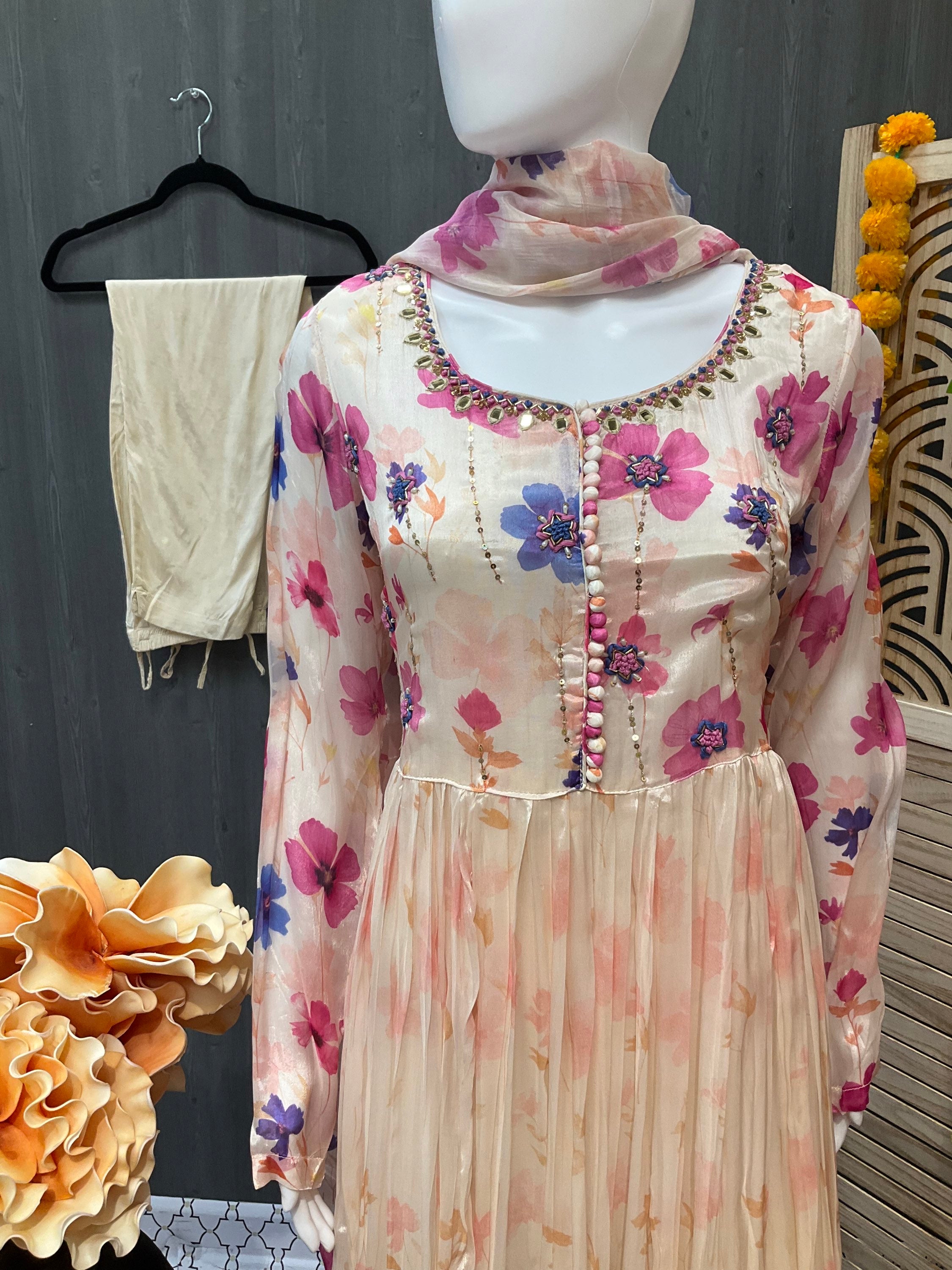 Half White Anarkali Floral print long dress image 1