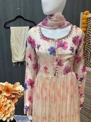 Half White Anarkali Floral print long dress