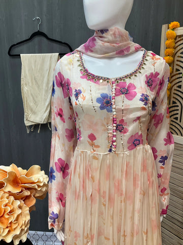 Half White Anarkali Floral print long dress