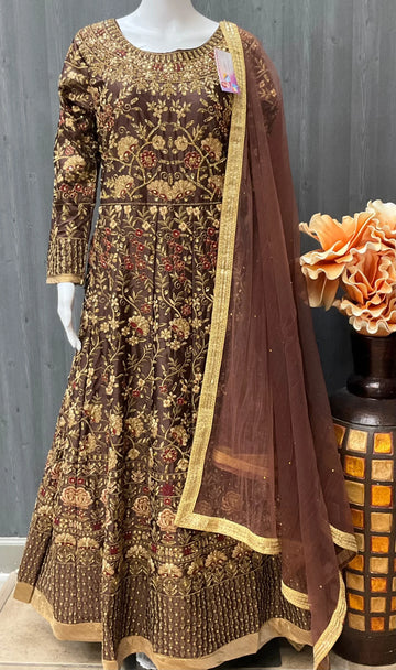 Heavy Wedding Full Work Dress Size 42 - Brown with Embroidery