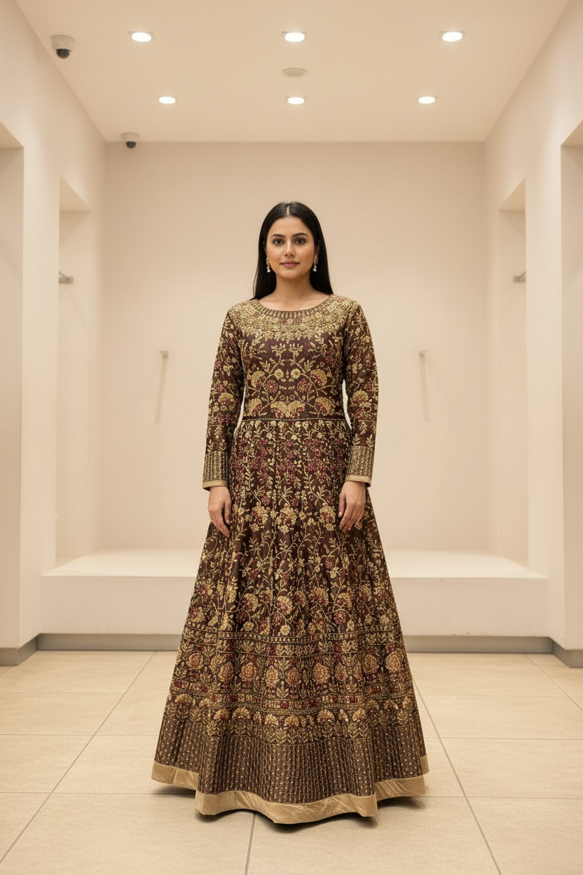 Heavy Wedding Full Work Dress Size 42 - Brown with Embroidery