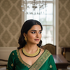 Woman in green Indian ethnic saree with gold embroidery, black and gold necklace, earrings, and elegant makeup indoors