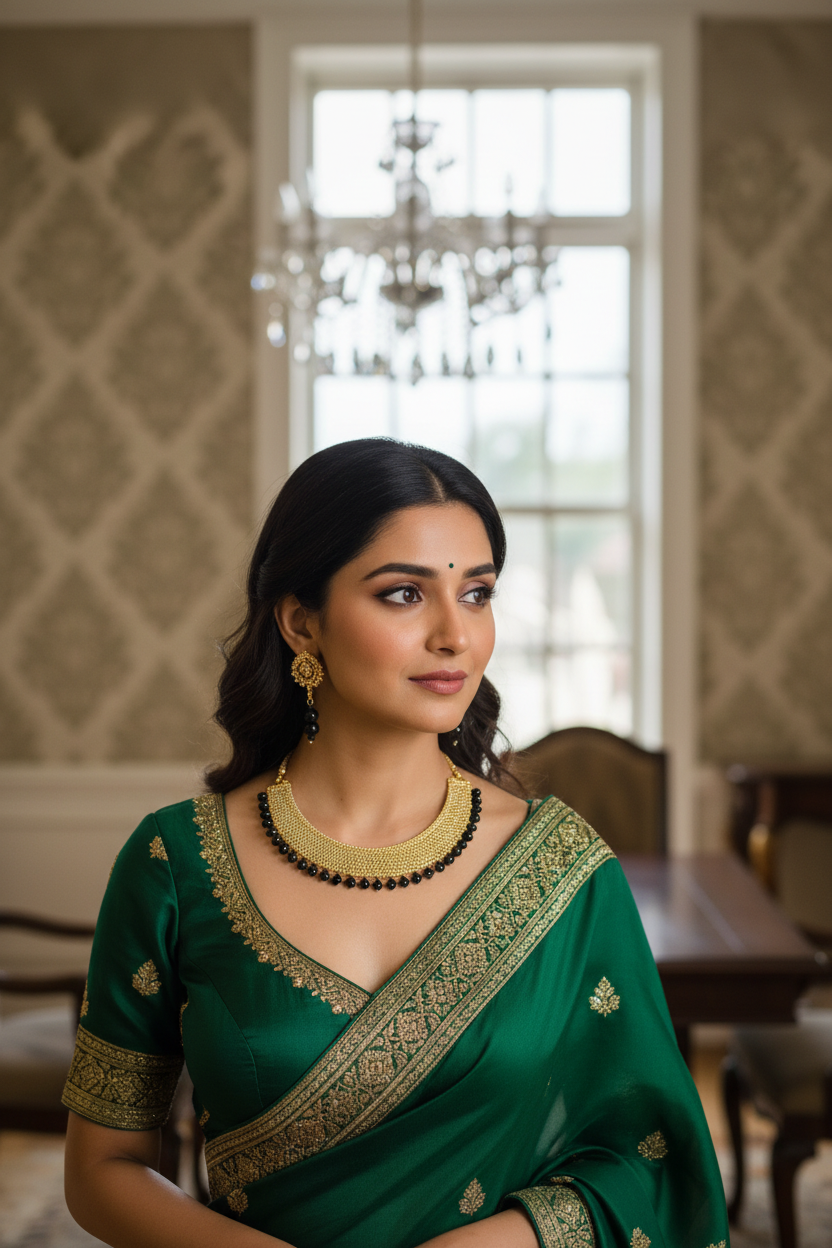 Woman in green Indian ethnic saree with gold embroidery, black and gold necklace, earrings, and elegant makeup indoors