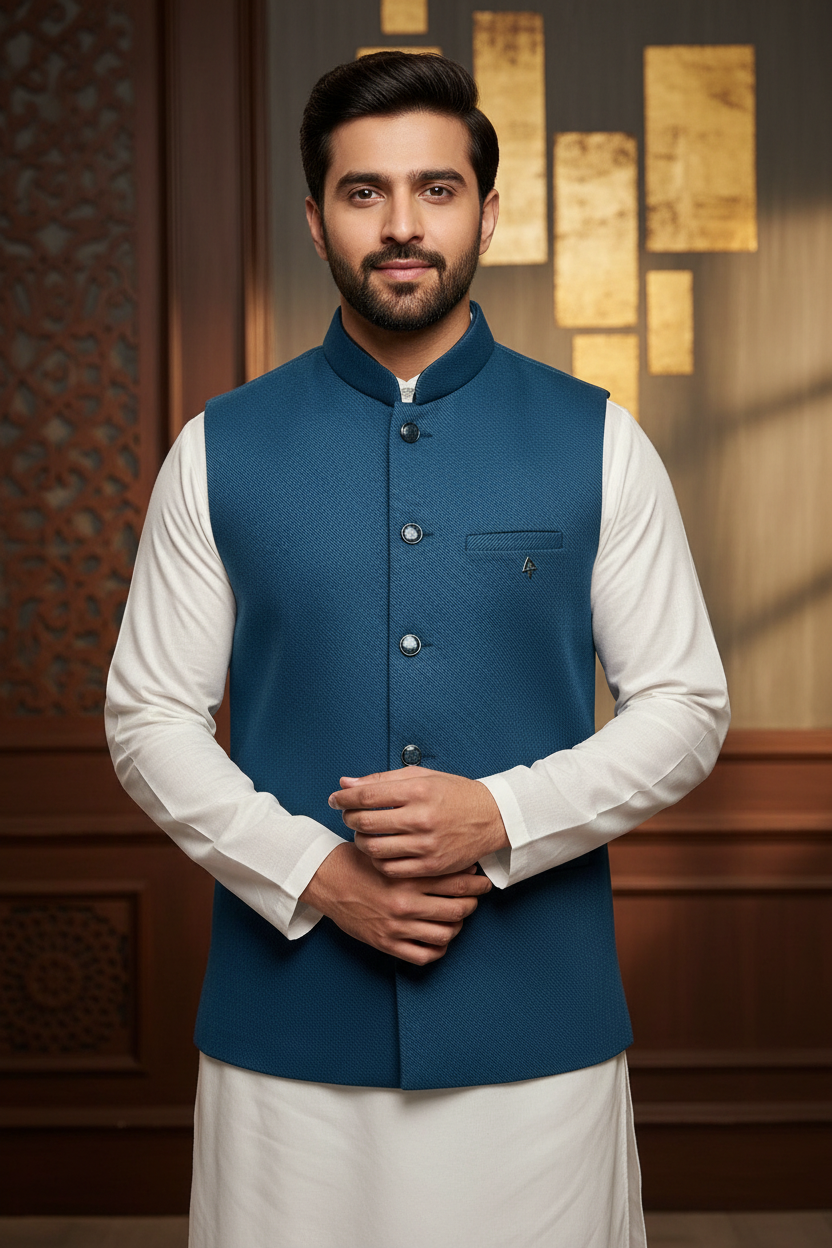 Men’s Blue Modi Jacket with Pockets Ethnic Kurta Set with Modi Jacket