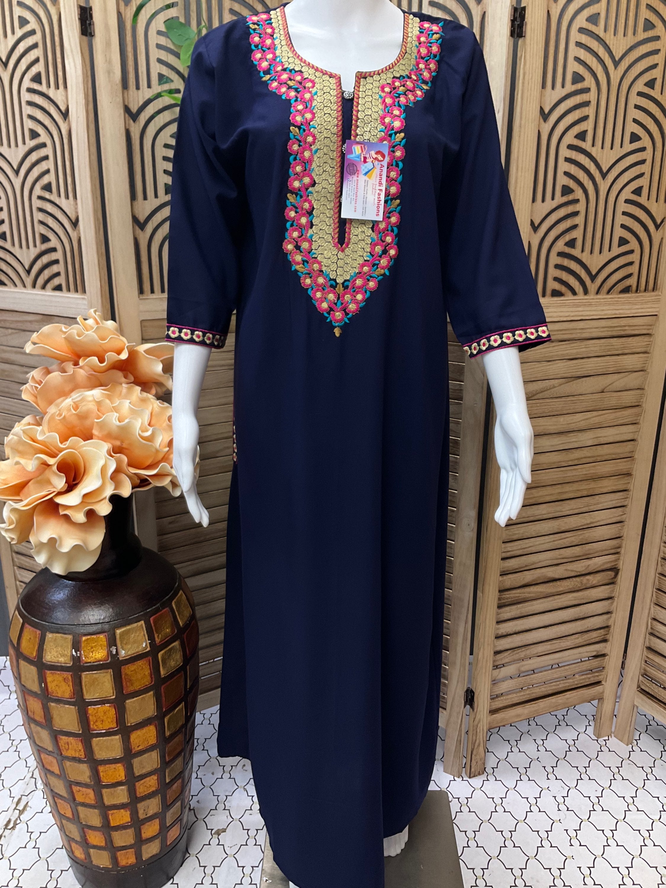 Indian Nighties - Rayon Nighty with neck embroidery and elbow sleeves image 0