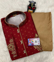Embroidered Kurta - Maron Beautiful Embroidered Kurta With Pajama