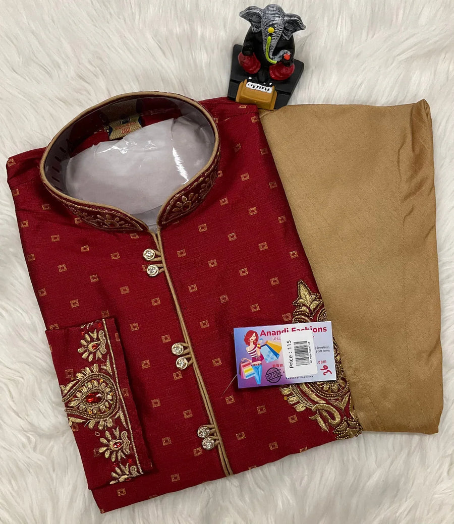 Embroidered Kurta - Maron Beautiful Embroidered Kurta With Pajama