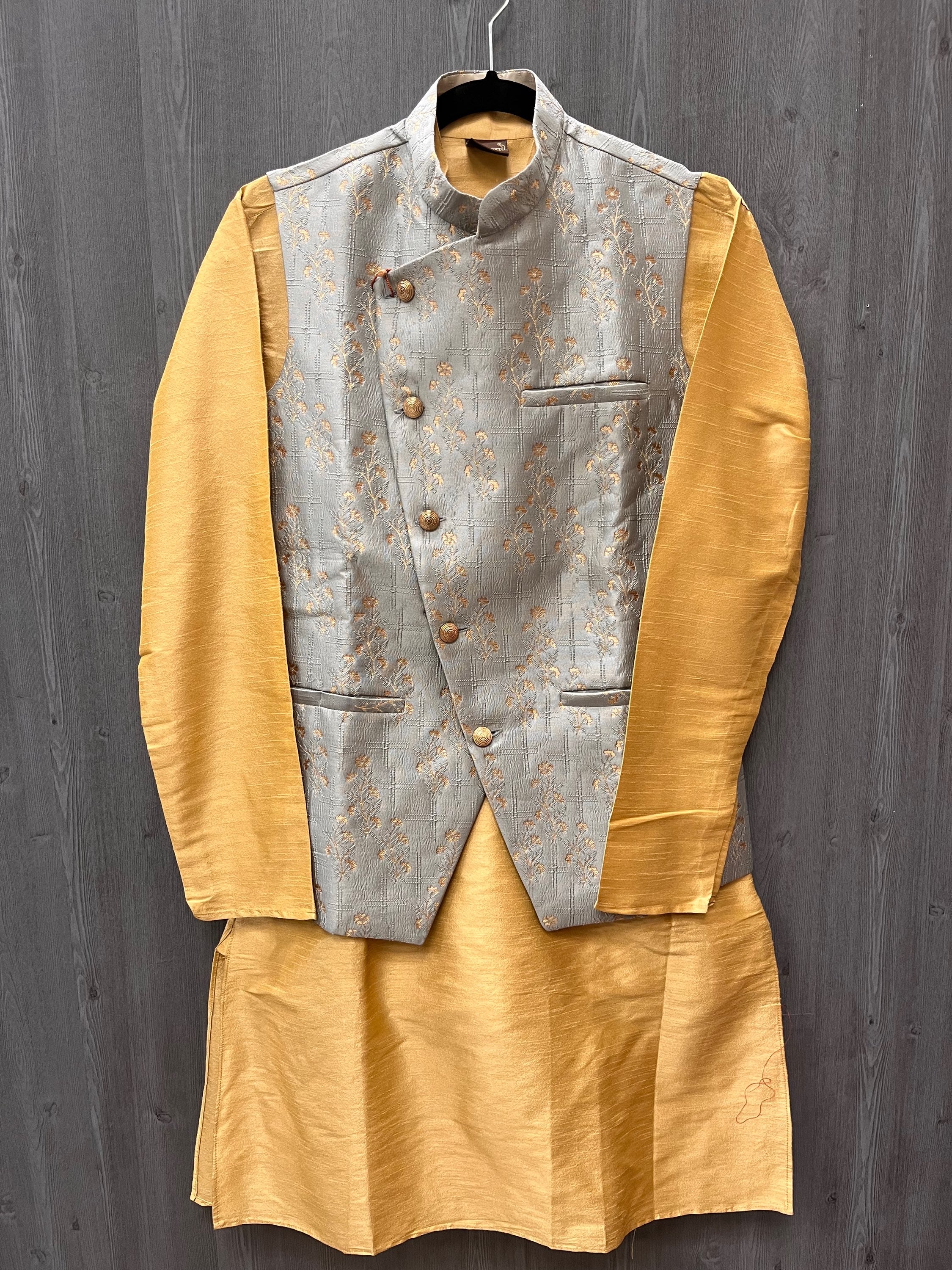 Kurta with Vest - Men's Yellow kurta Pajama set with vest image 1