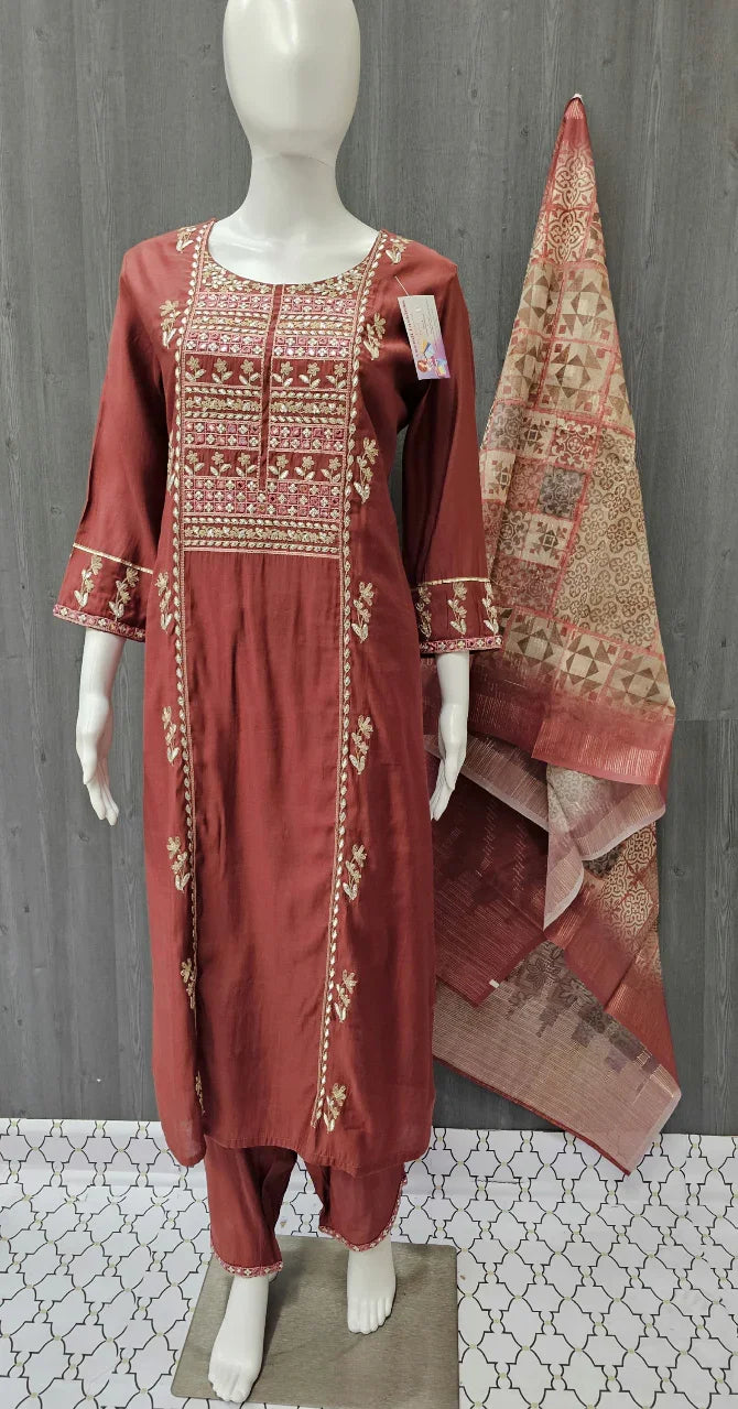 Indian Chudidhar - Party Wear Modal Silk Kurti Set with Chanderi Dupatta- Size 40