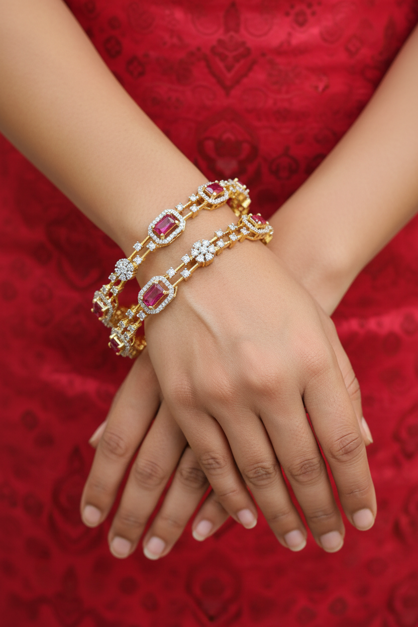 Close-up of hands wearing gold and ruby stone bangles with diamond detailing, against red ethnic fabric