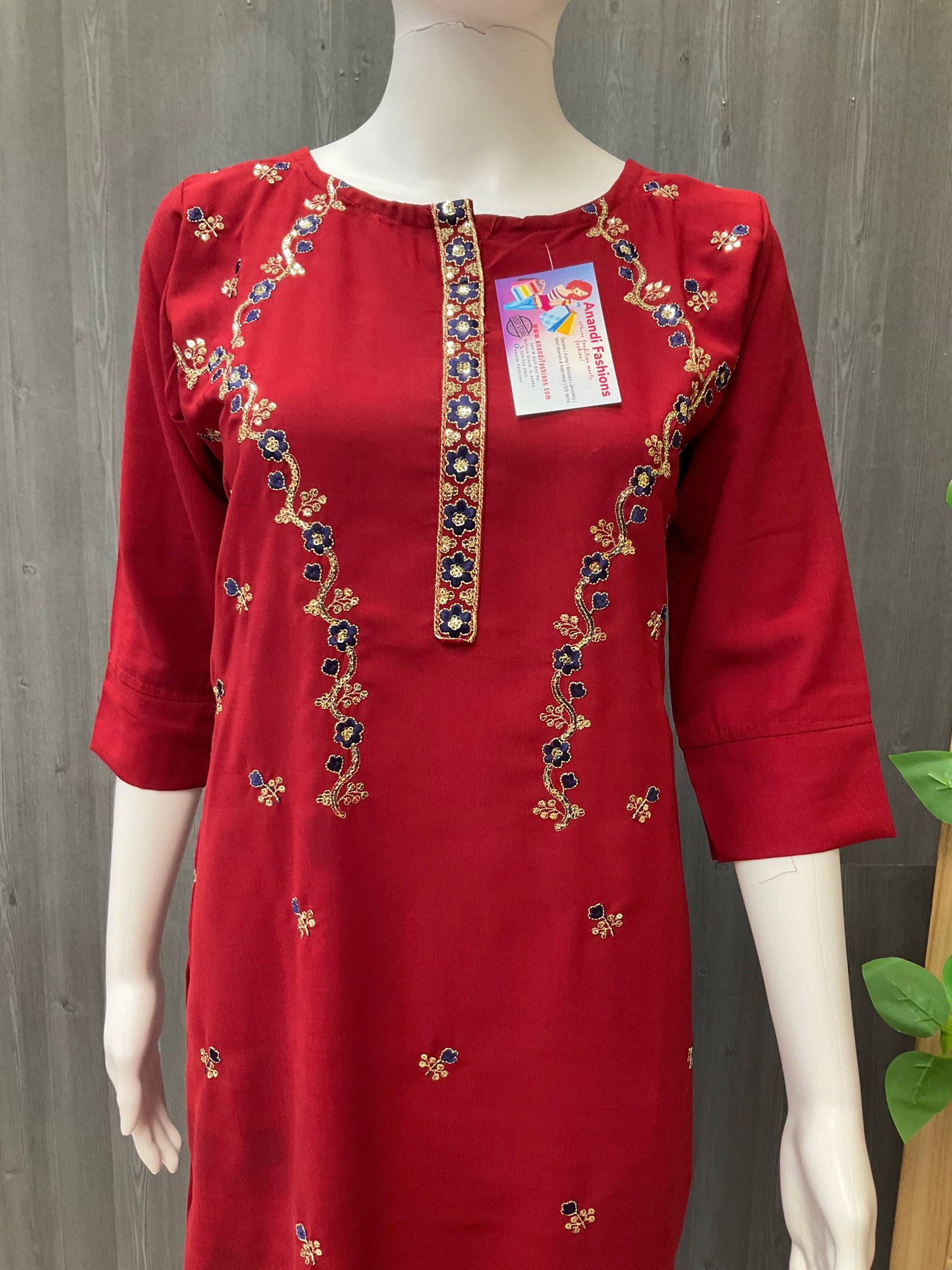 Embroidery Work Red Kurti- Size 38/US XS image 1