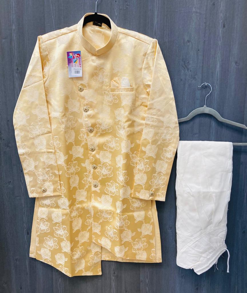 Party Wear for Men - Yellow Kurta with Print with White Dhoti Pant