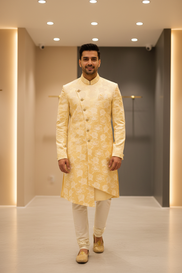 Party Wear for Men - Yellow Kurta with Print with White Dhoti Pant