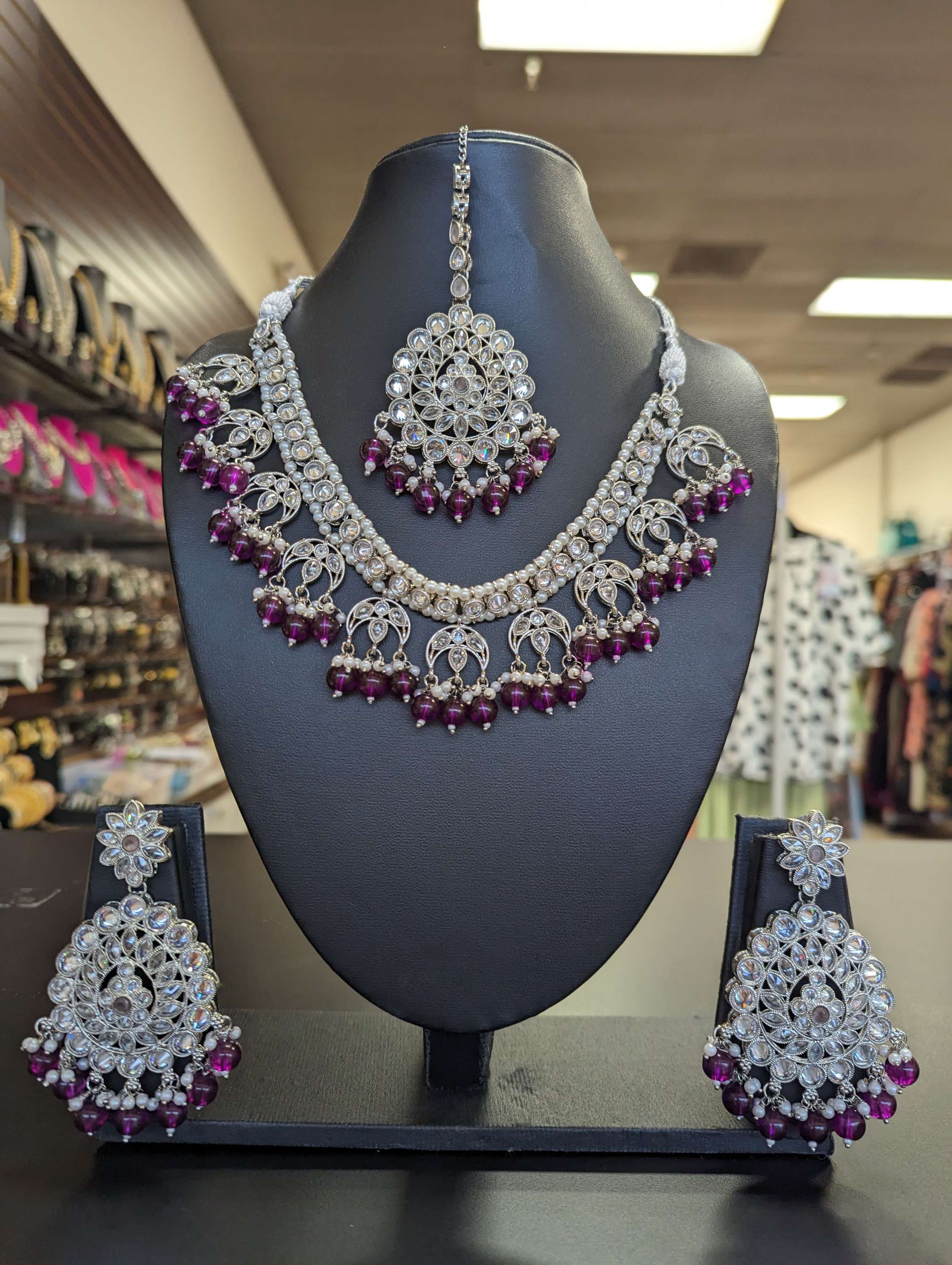 Oxidized Jewellery - Silver Color Necklace with purple beads image 0