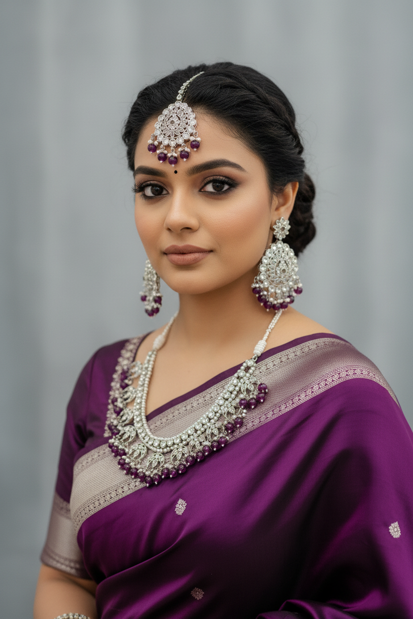 Woman wearing purple silk saree with silver border and matching traditional Indian silver jewelry set