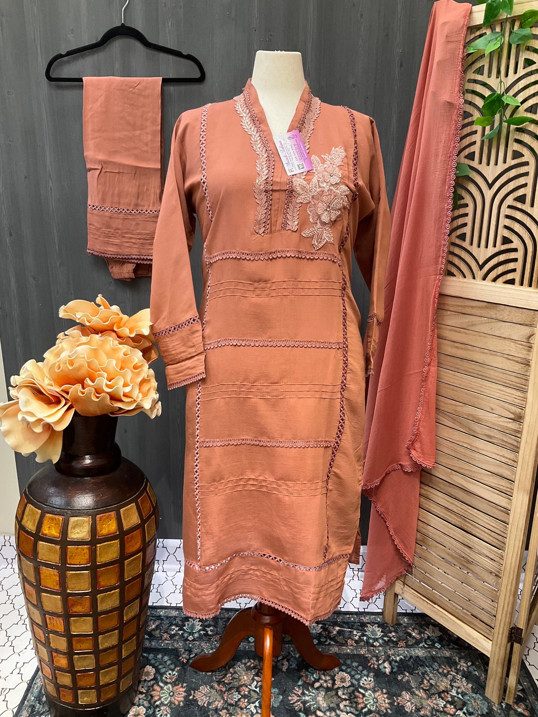 Plus Size - Dark Peach 3 piece Kurti set with Bead work image 0