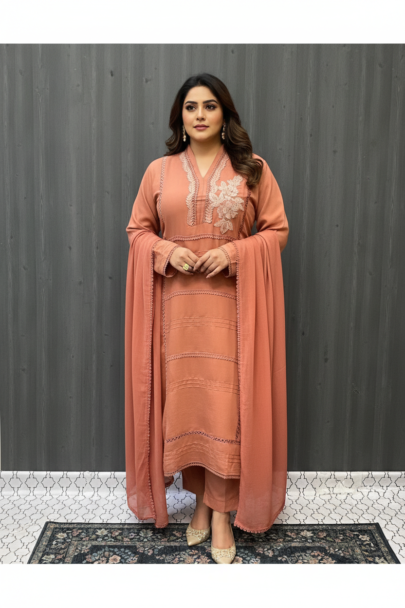 Plus Size Dark Peach 3-Piece Kurti Set - Roman Silk with Bead Work