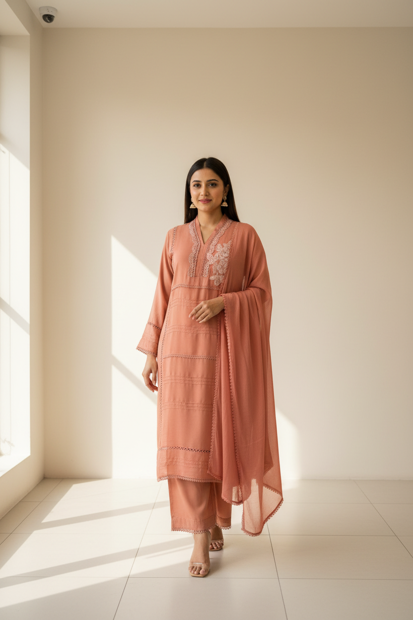 Plus Size Dark Peach 3-Piece Kurti Set - Roman Silk with Bead Work