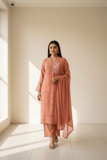 Plus Size Dark Peach 3-Piece Kurti Set - Roman Silk with Bead Work