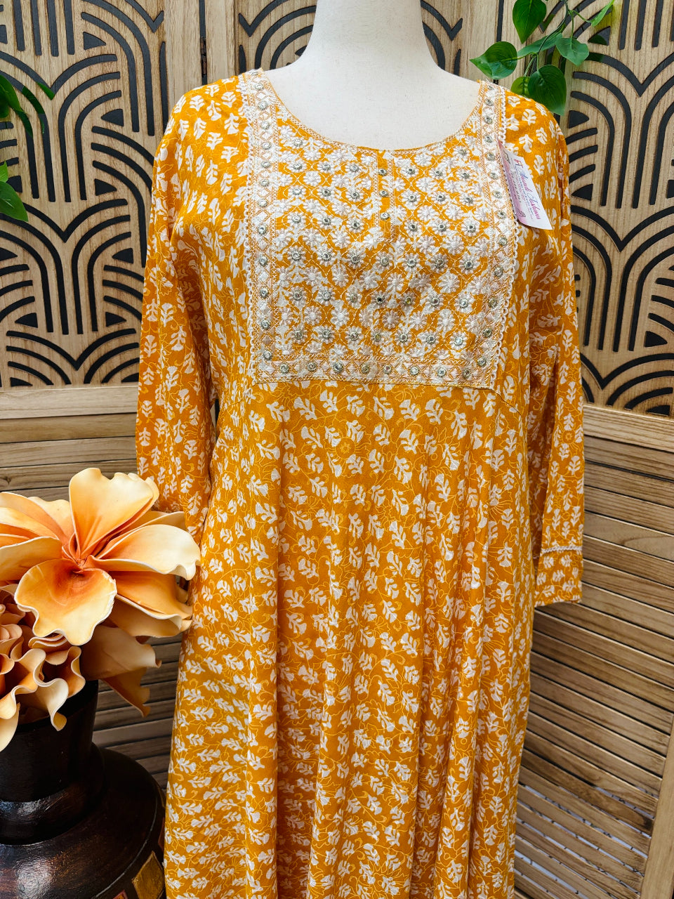 Plus Size- Pure Cotton Mustard Yellow Anarkali Kurti image 1