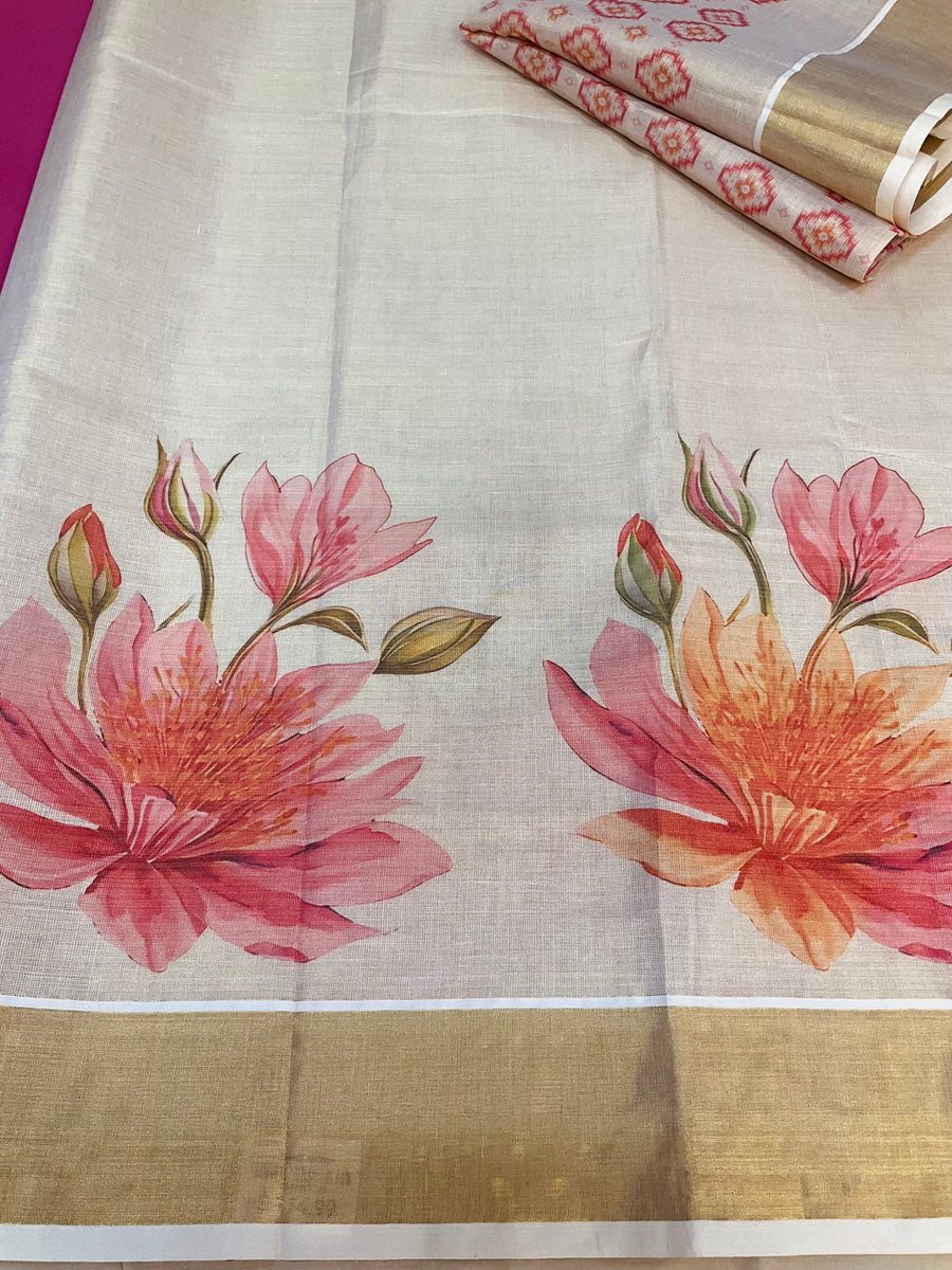 Kerala Set Saree with Floral Digital Print