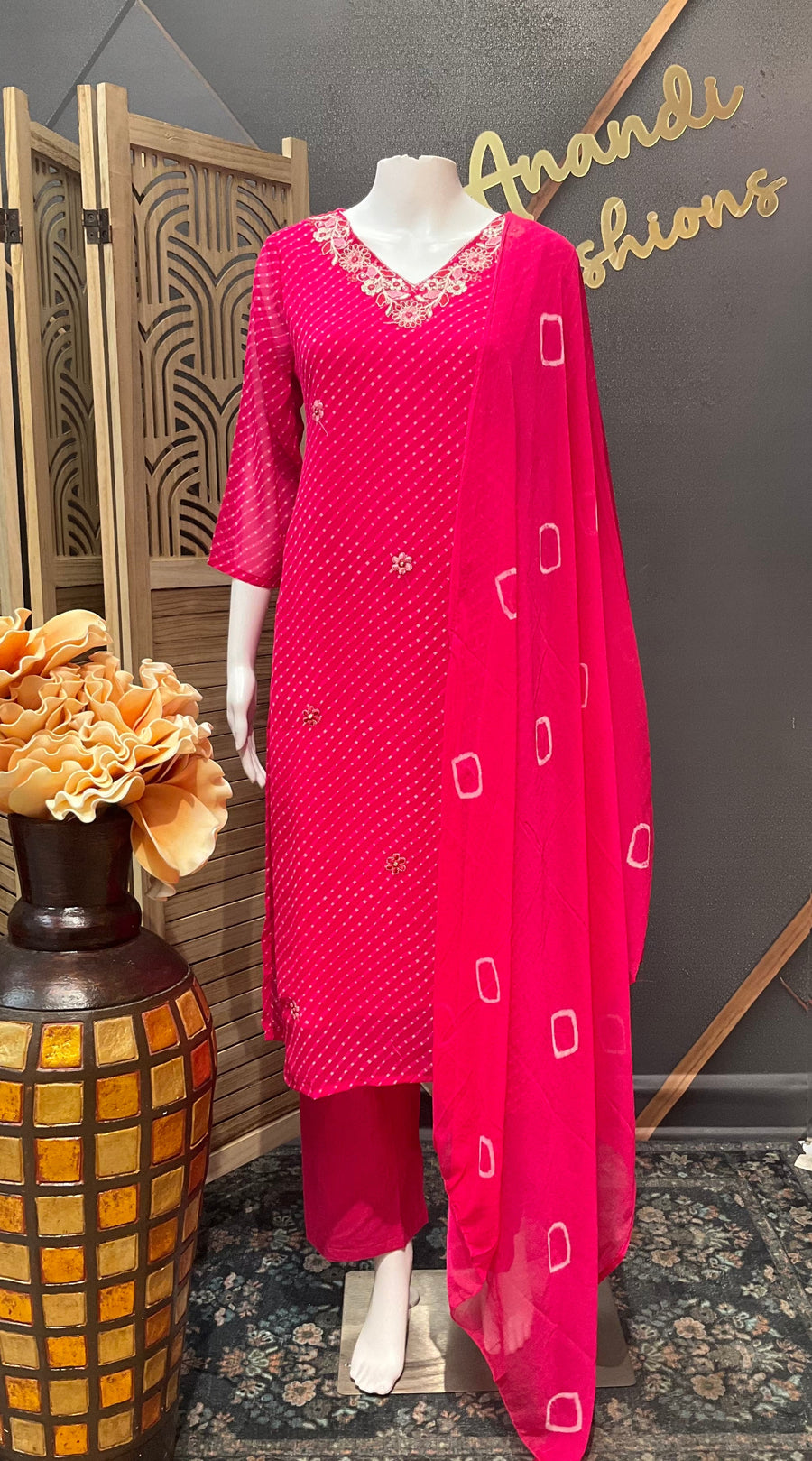 Pink Leheriya Georgette Kurti set