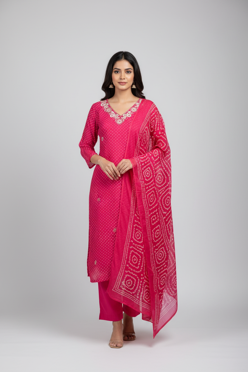 Pink Leheriya Georgette Kurti set