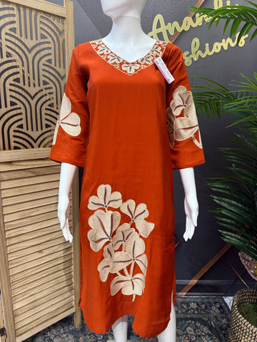 Size 38-Burnt Orange - Party Wear Kurti set with Embroidery Work