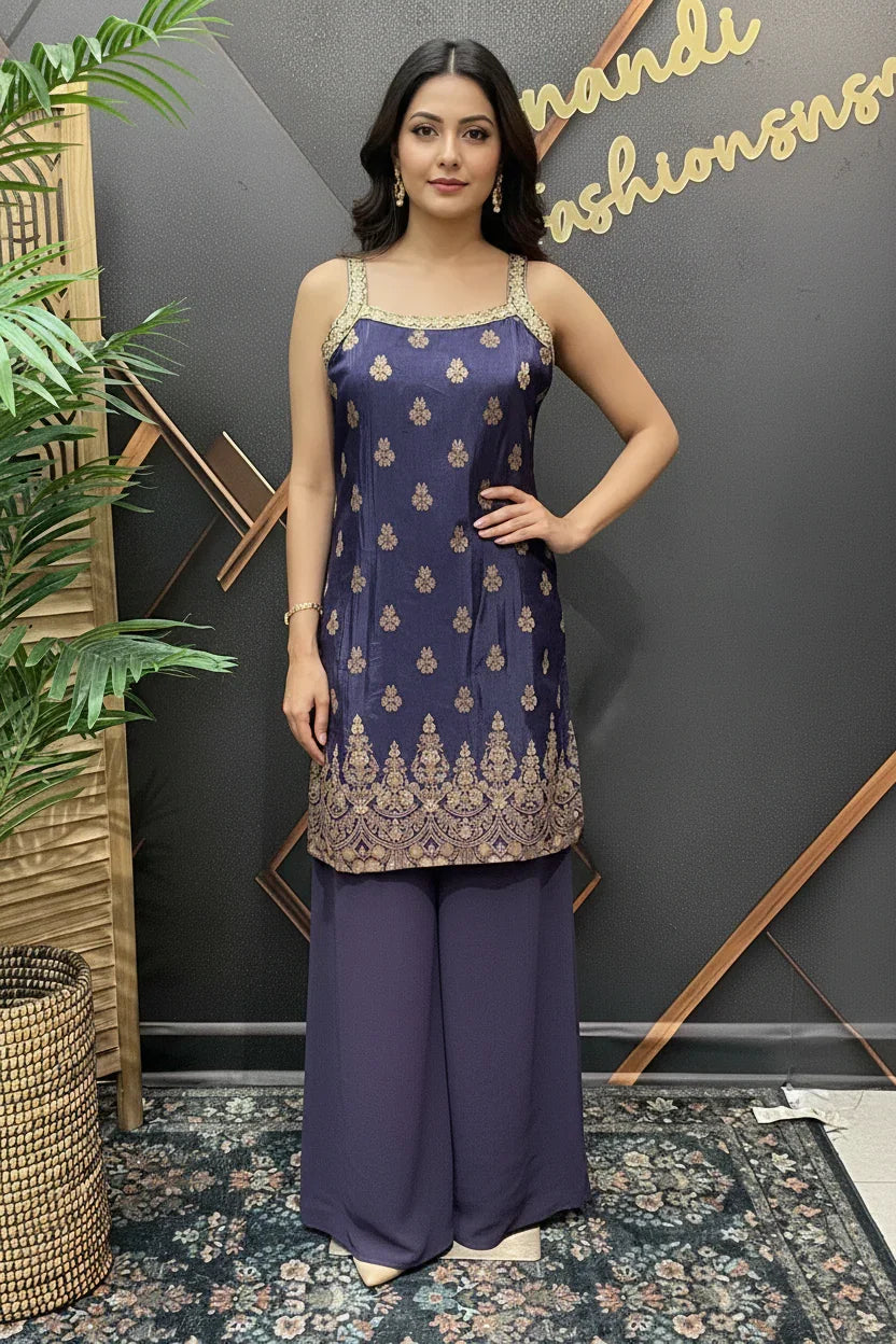 Woman wearing navy blue ethnic sleeveless kurti with gold embroidery and matching wide-leg pants in boutique setting