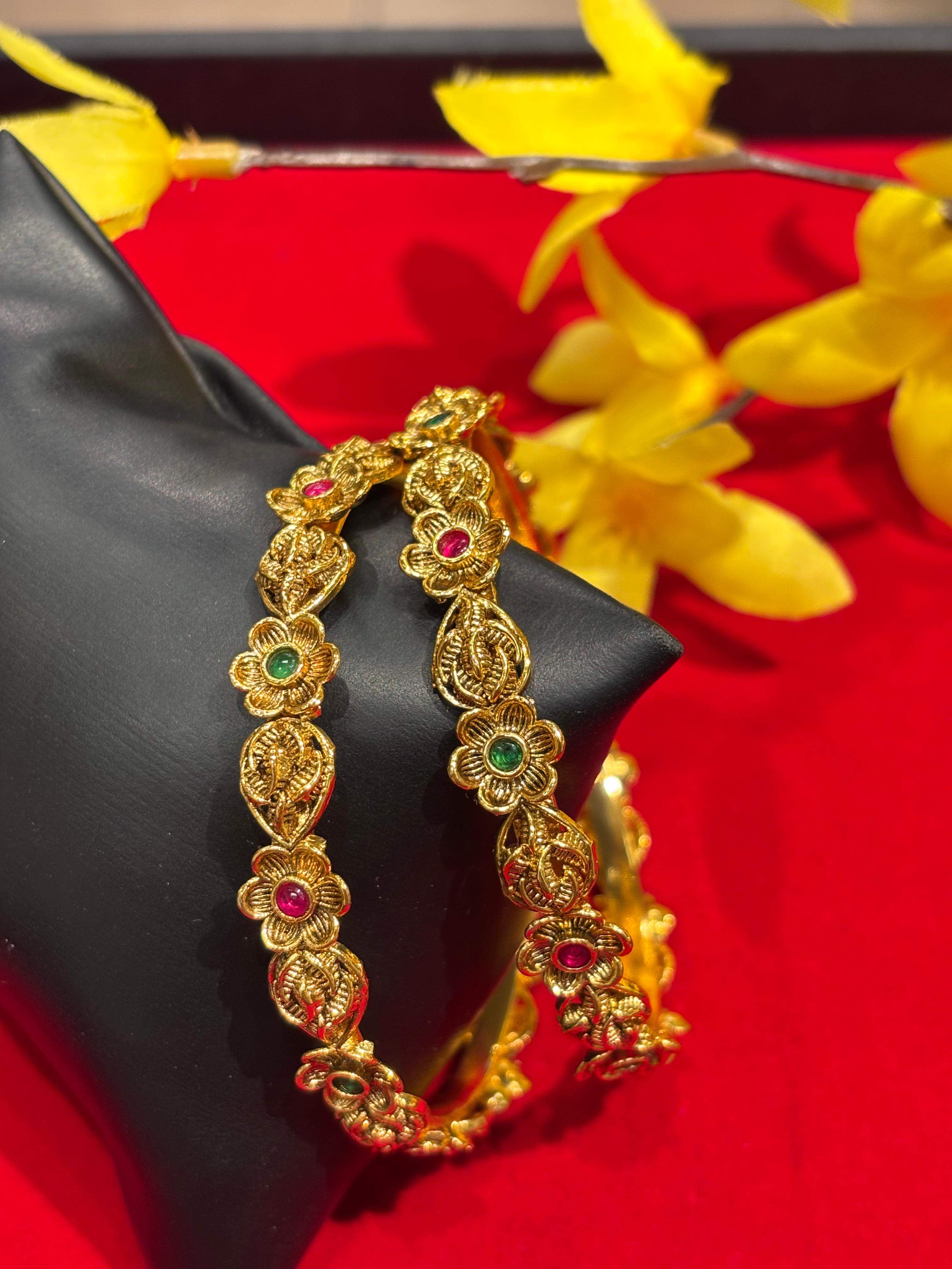 Antique Finish Flower Design Bangles Pair image 1