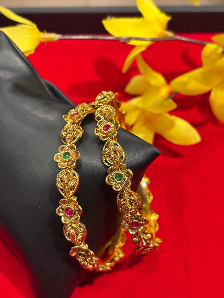 Antique Finish Flower Design Bangles Pair