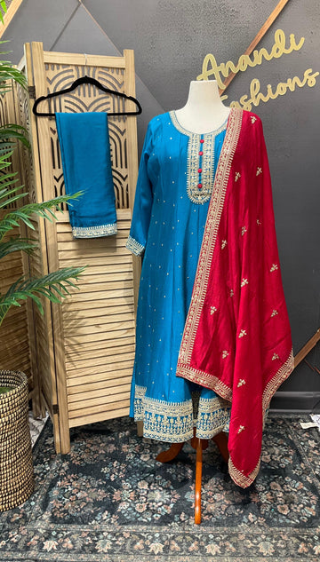 Plus Size Blue Anarkali Kurti Set Size 46 - Vichitra Silk Party Wear