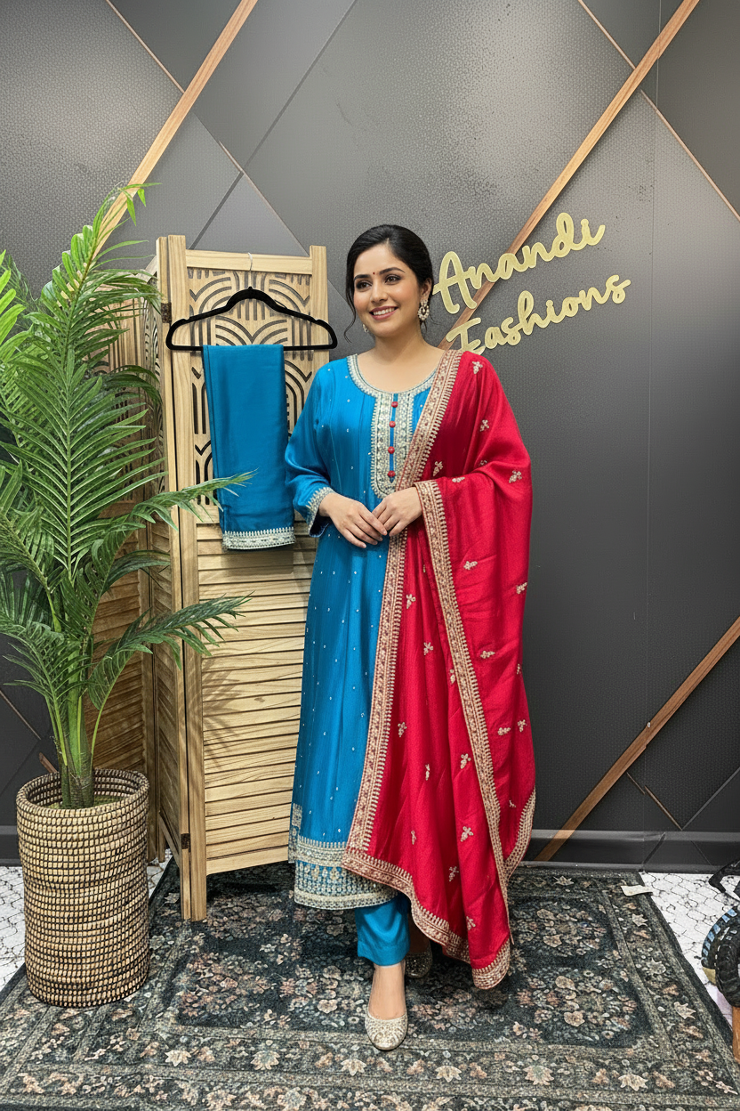 Plus Size Blue Anarkali Kurti Set Size 46 - Vichitra Silk Party Wear