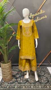 Mustard Yellow Shimmery Silk Party Wear Sharara Set