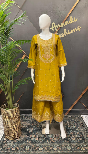 Mustard Yellow Shimmery Silk Party Wear Sharara Set