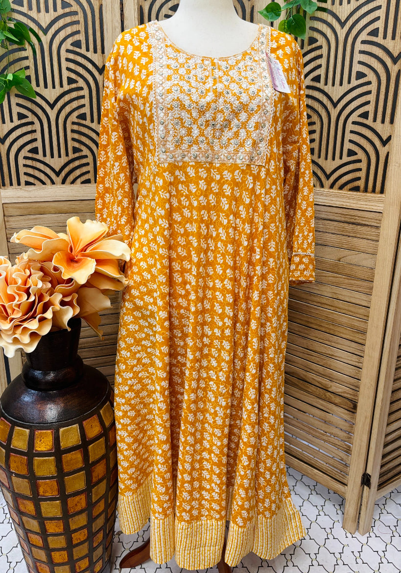 Plus Size- Pure Cotton Mustard Yellow Anarkali Kurti image 0